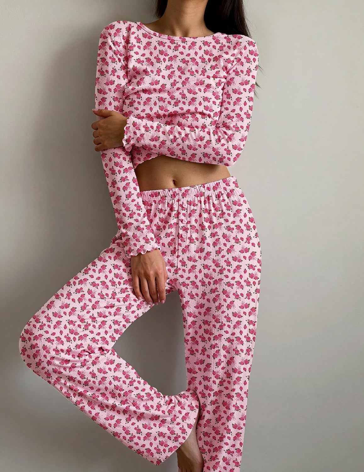image:imageEkouaer Womens Long Sleeve Pajama Set Cozy 2 Piece PJS Matching SleepwearRose Floral