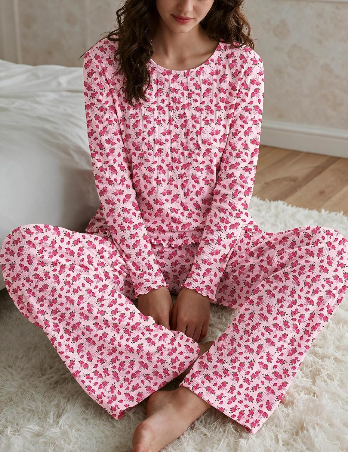 image:imageEkouaer Womens Long Sleeve Pajama Set Cozy 2 Piece PJS Matching SleepwearRose Floral