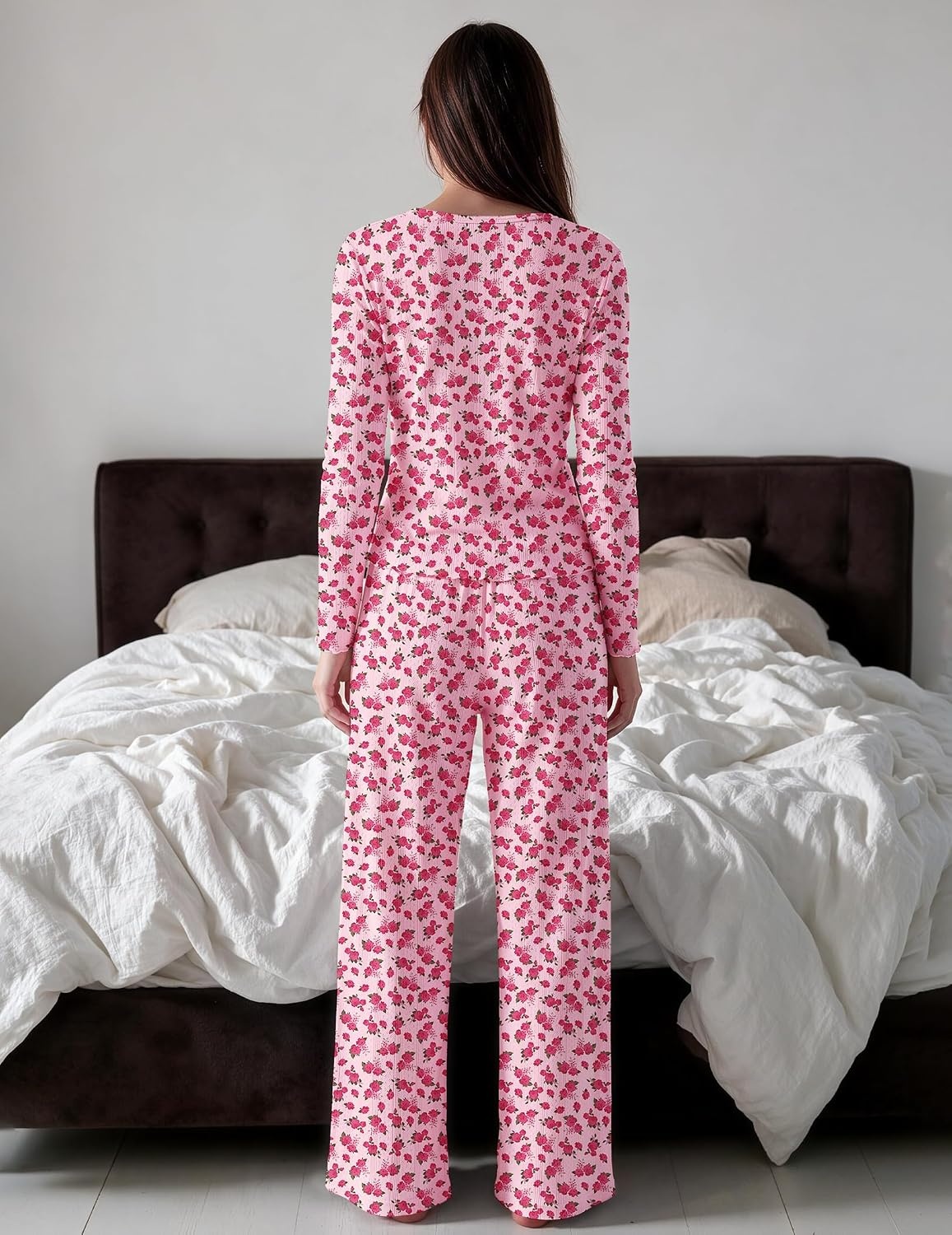 image:imageEkouaer Womens Long Sleeve Pajama Set Cozy 2 Piece PJS Matching SleepwearRose Floral