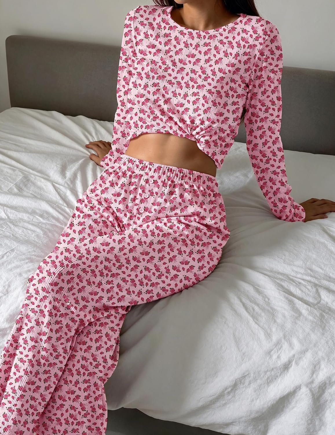 image:imageEkouaer Womens Long Sleeve Pajama Set Cozy 2 Piece PJS Matching SleepwearRose Floral