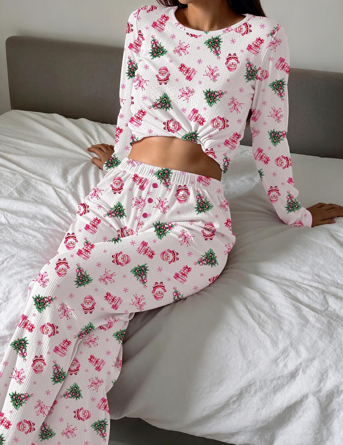image:imageEkouaer Womens Long Sleeve Pajama Set Cozy 2 Piece PJS Matching SleepwearSanta Claus