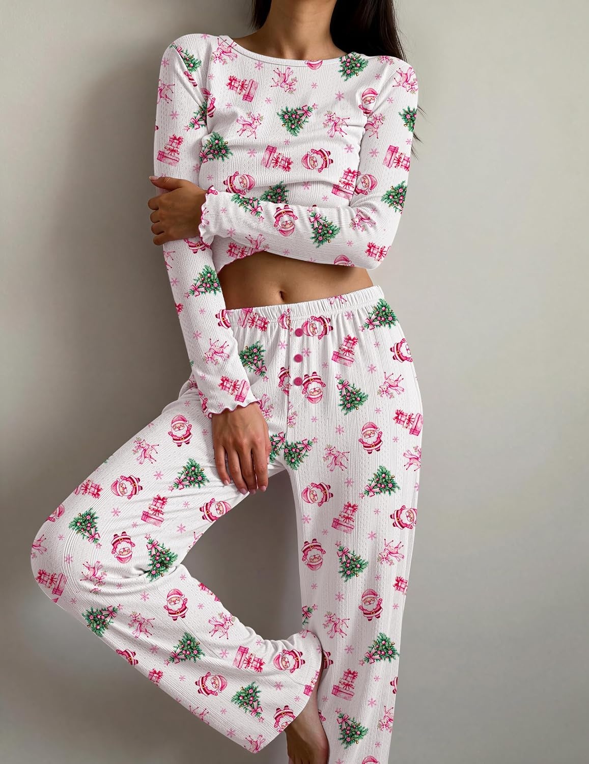 image:imageEkouaer Womens Long Sleeve Pajama Set Cozy 2 Piece PJS Matching SleepwearSanta Claus