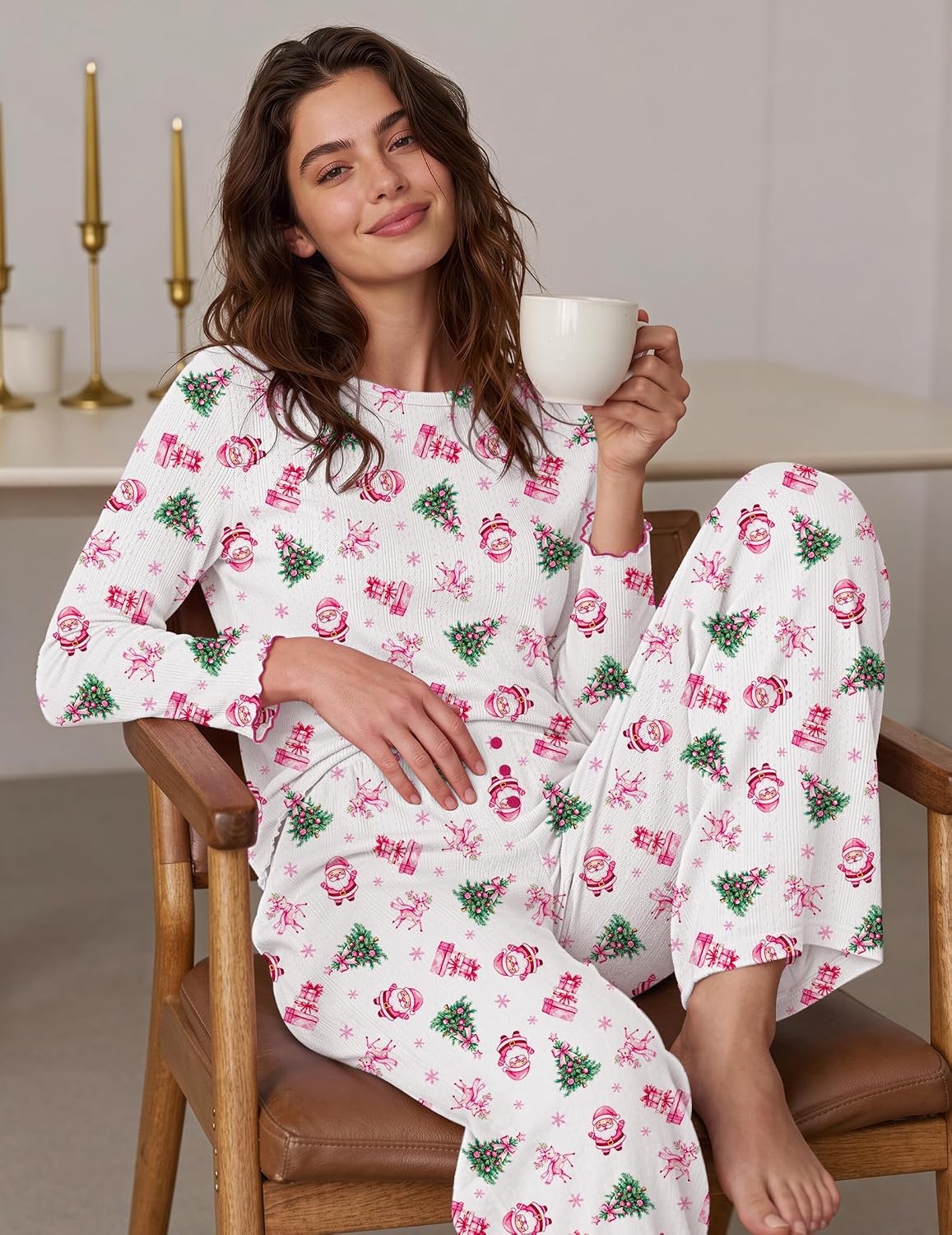 image:imageEkouaer Womens Long Sleeve Pajama Set Cozy 2 Piece PJS Matching SleepwearSanta Claus