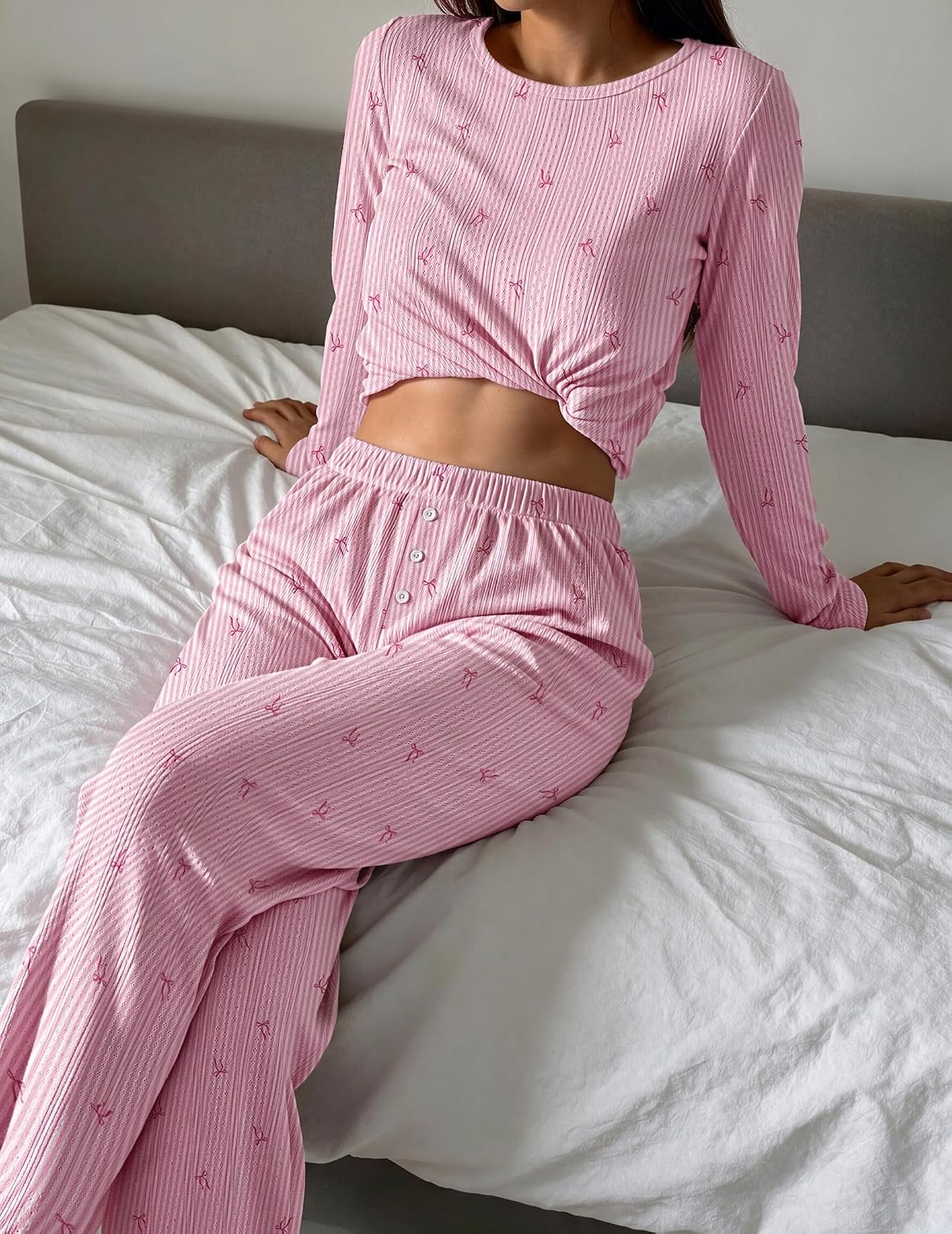 image:imageEkouaer Womens Long Sleeve Pajama Set Cozy 2 Piece PJS Matching SleepwearStriped Bow