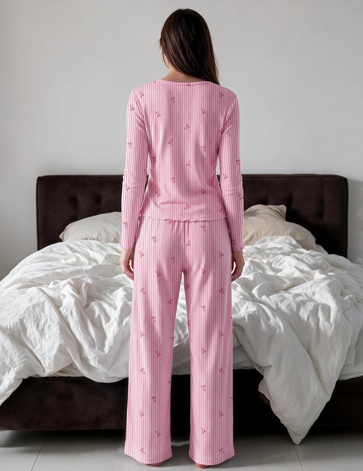 image:imageEkouaer Womens Long Sleeve Pajama Set Cozy 2 Piece PJS Matching SleepwearStriped Bow