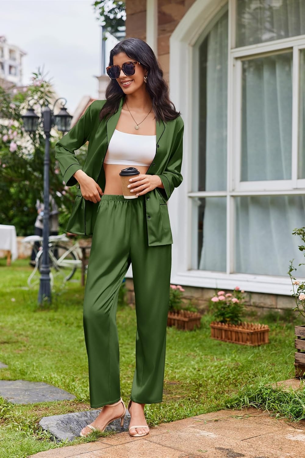 image:imageEkouaer Womens Pajama Sets Satin Silk Pjs Long Sleeve Button Down SleepwearArmy Green
