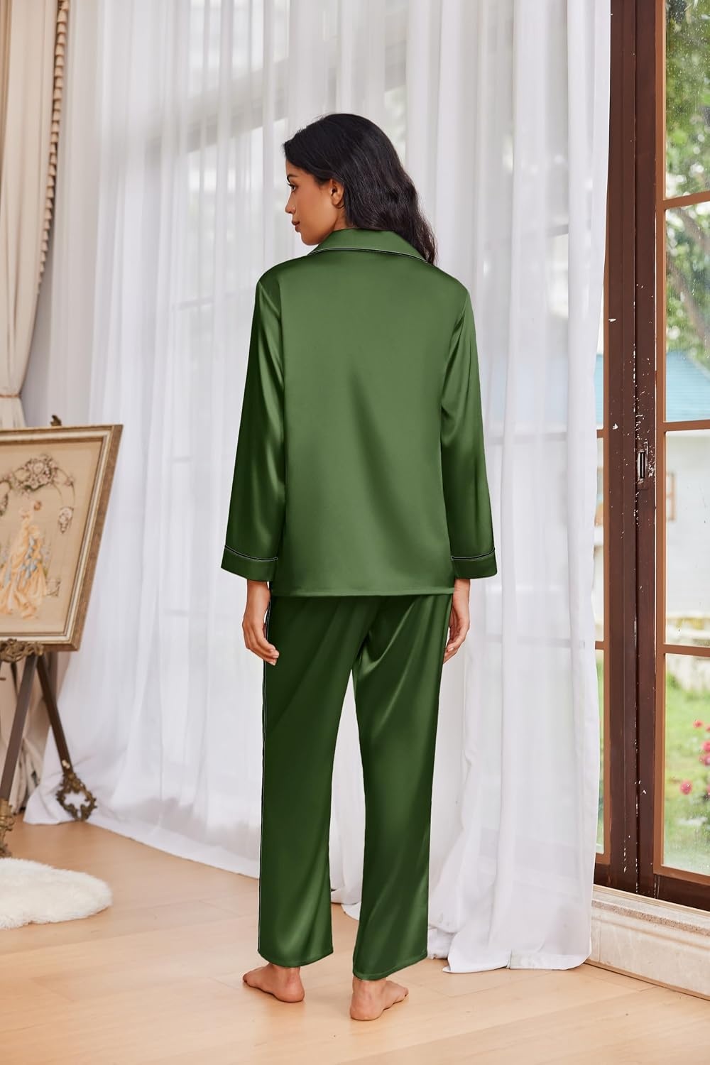 image:imageEkouaer Womens Pajama Sets Satin Silk Pjs Long Sleeve Button Down SleepwearArmy Green