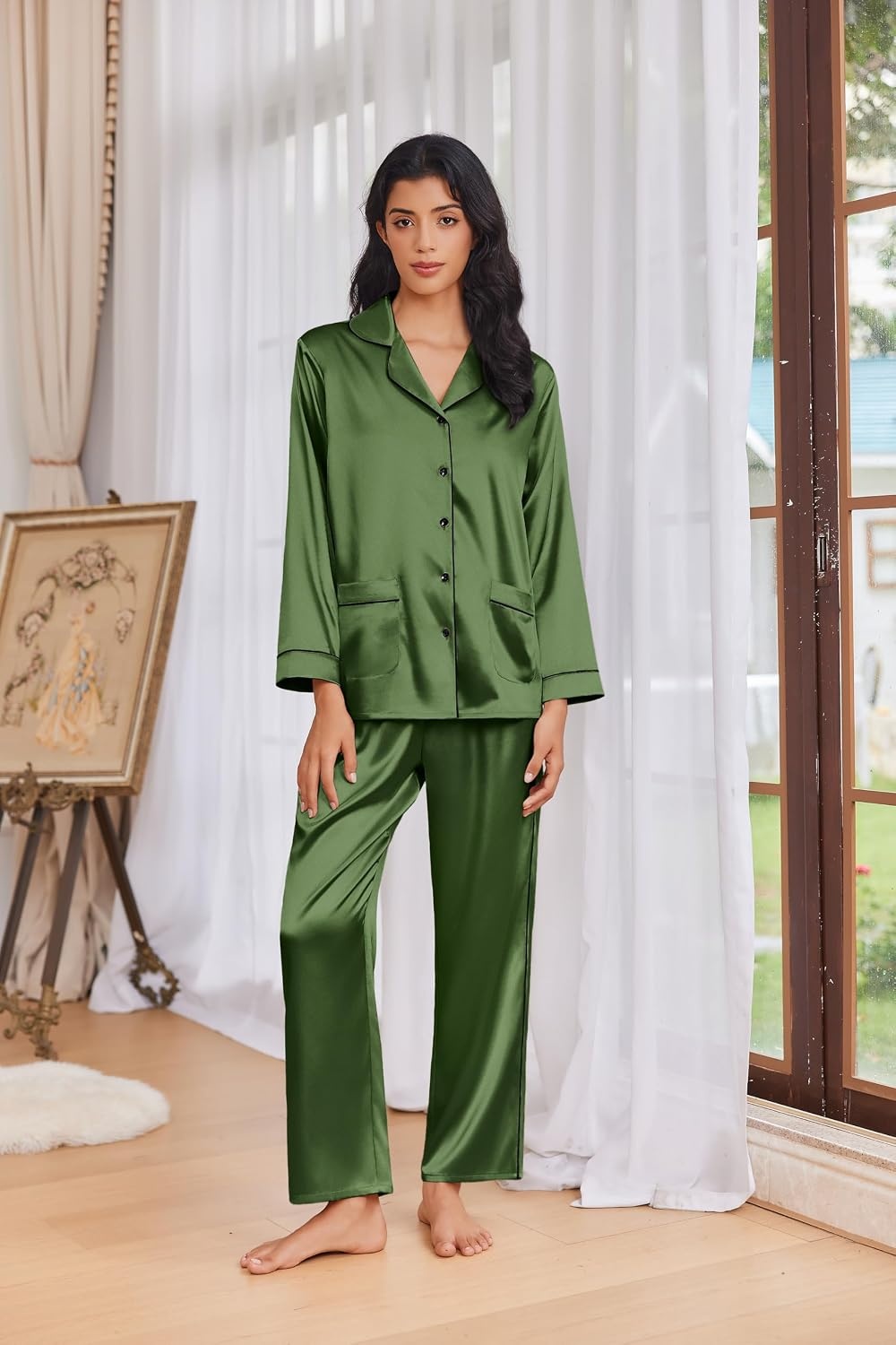 image:imageEkouaer Womens Pajama Sets Satin Silk Pjs Long Sleeve Button Down SleepwearArmy Green