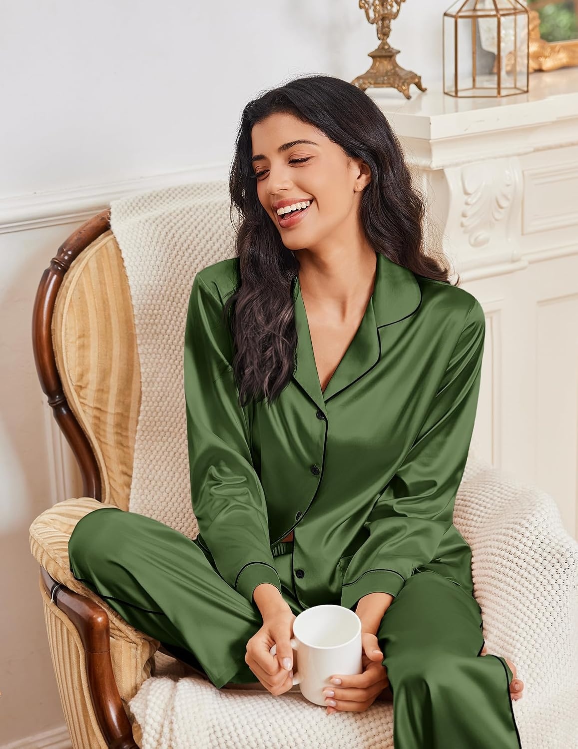 image:imageEkouaer Womens Pajama Sets Satin Silk Pjs Long Sleeve Button Down SleepwearArmy Green
