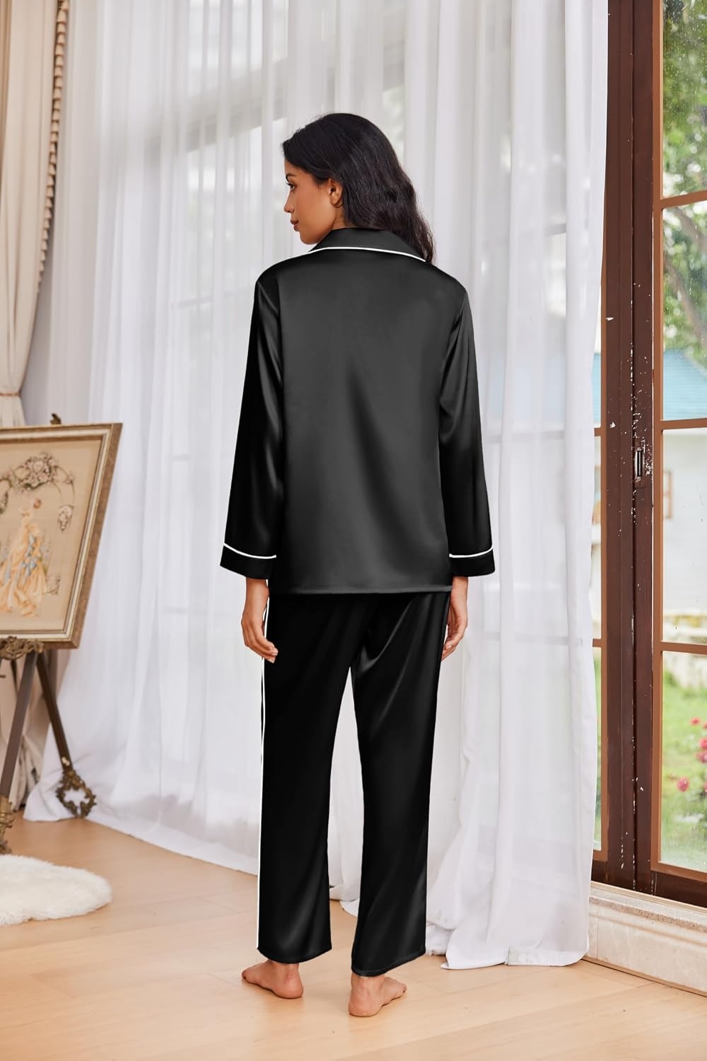 image:imageEkouaer Womens Pajama Sets Satin Silk Pjs Long Sleeve Button Down SleepwearBlack
