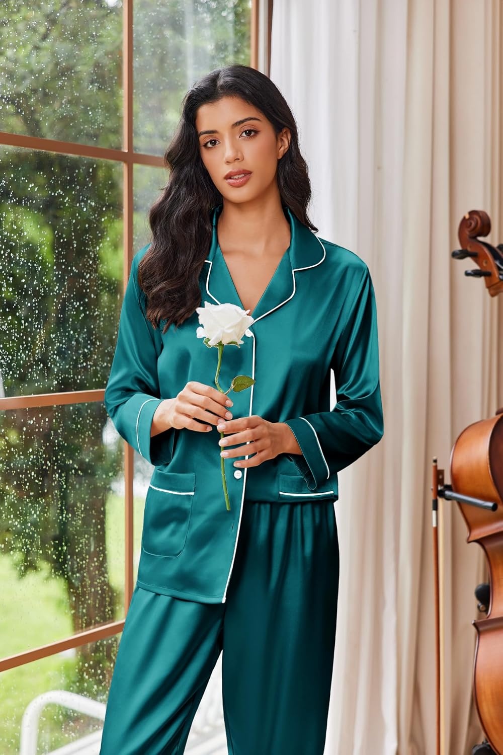 image:imageEkouaer Womens Pajama Sets Satin Silk Pjs Long Sleeve Button Down SleepwearBlue Green