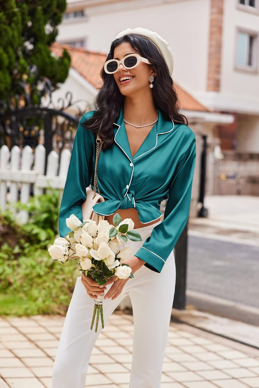 image:imageEkouaer Womens Pajama Sets Satin Silk Pjs Long Sleeve Button Down SleepwearBlue Green
