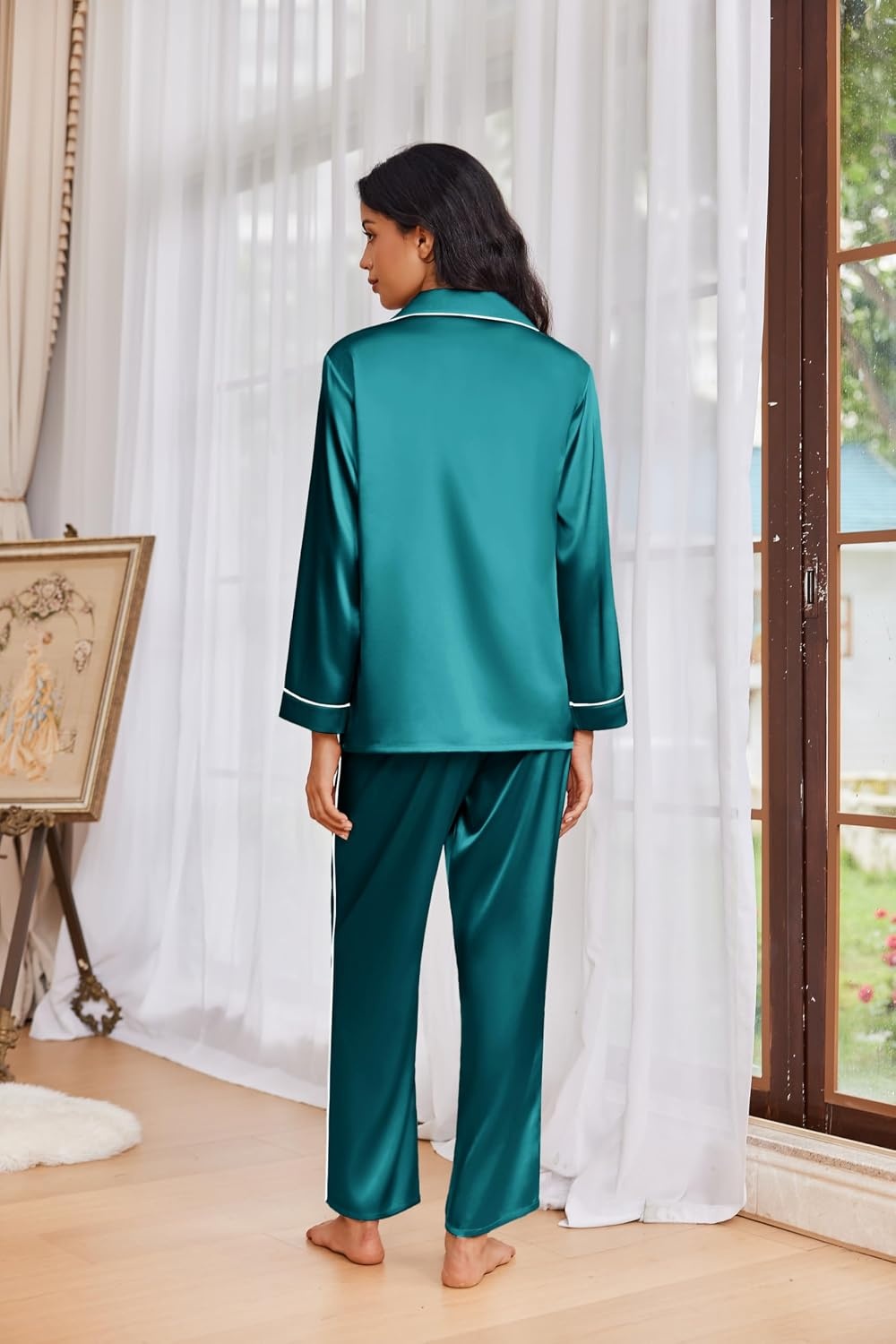 image:imageEkouaer Womens Pajama Sets Satin Silk Pjs Long Sleeve Button Down SleepwearBlue Green