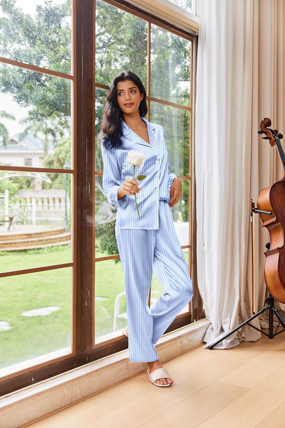 image:imageEkouaer Womens Pajama Sets Satin Silk Pjs Long Sleeve Button Down SleepwearBlue Striped