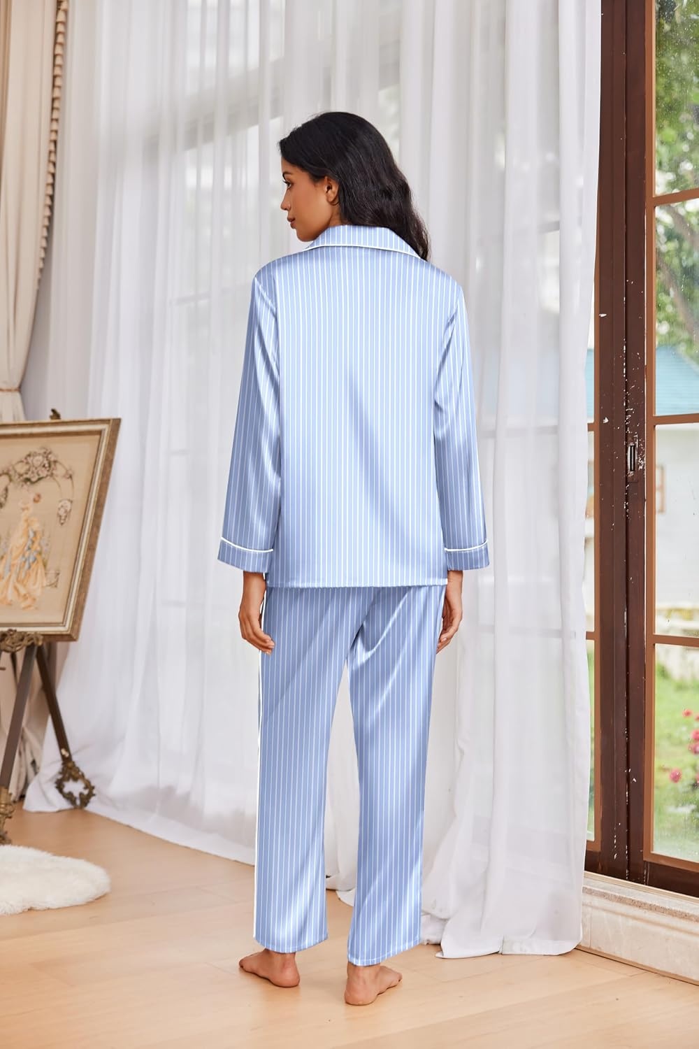 image:imageEkouaer Womens Pajama Sets Satin Silk Pjs Long Sleeve Button Down SleepwearBlue Striped