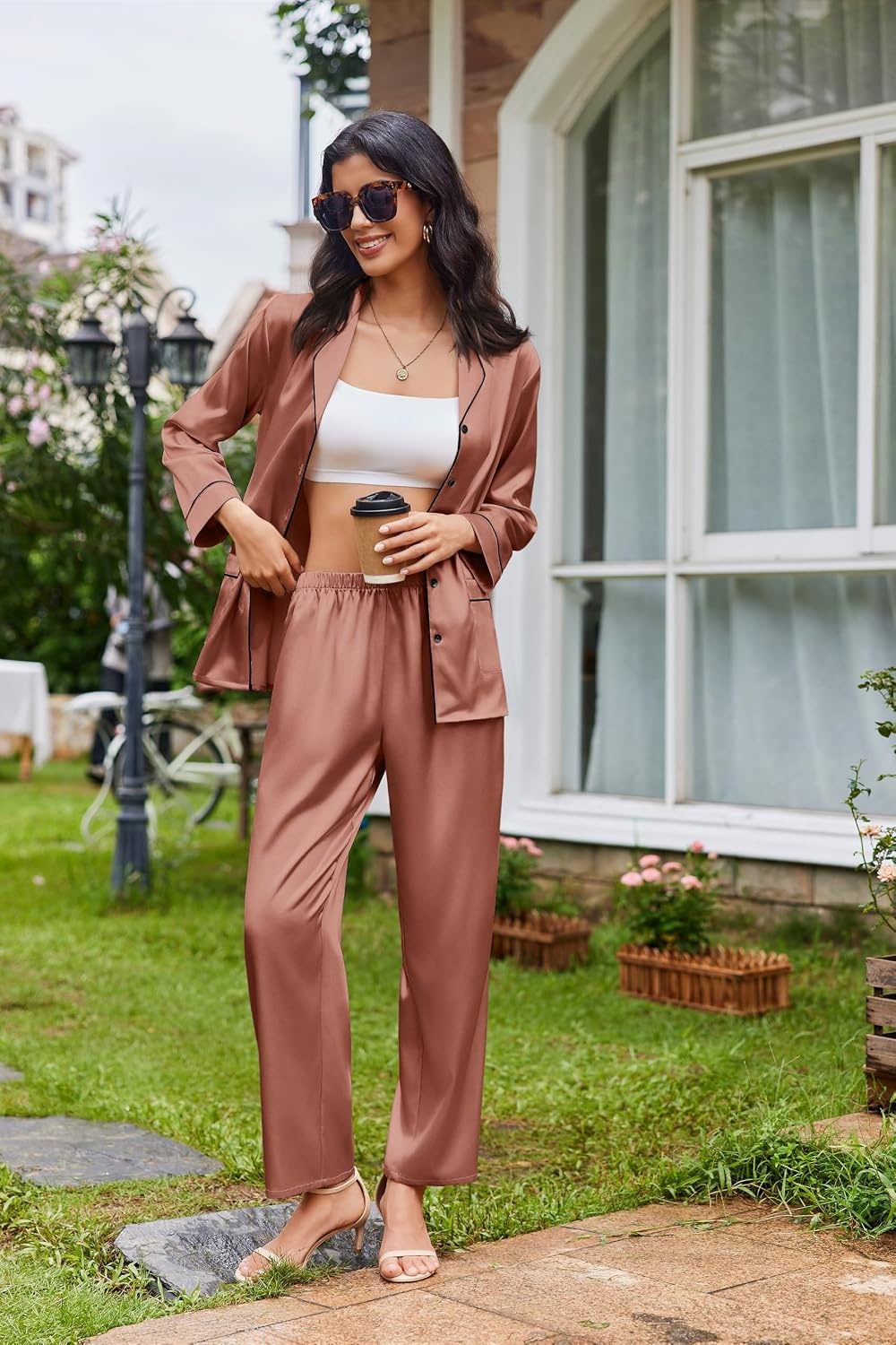 image:imageEkouaer Womens Pajama Sets Satin Silk Pjs Long Sleeve Button Down SleepwearBrown