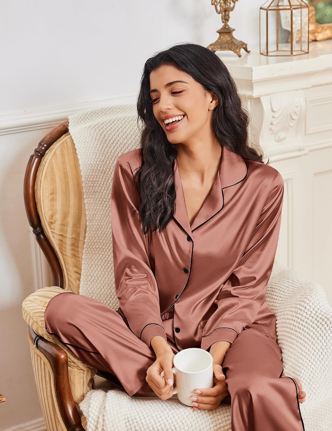 image:imageEkouaer Womens Pajama Sets Satin Silk Pjs Long Sleeve Button Down SleepwearBrown