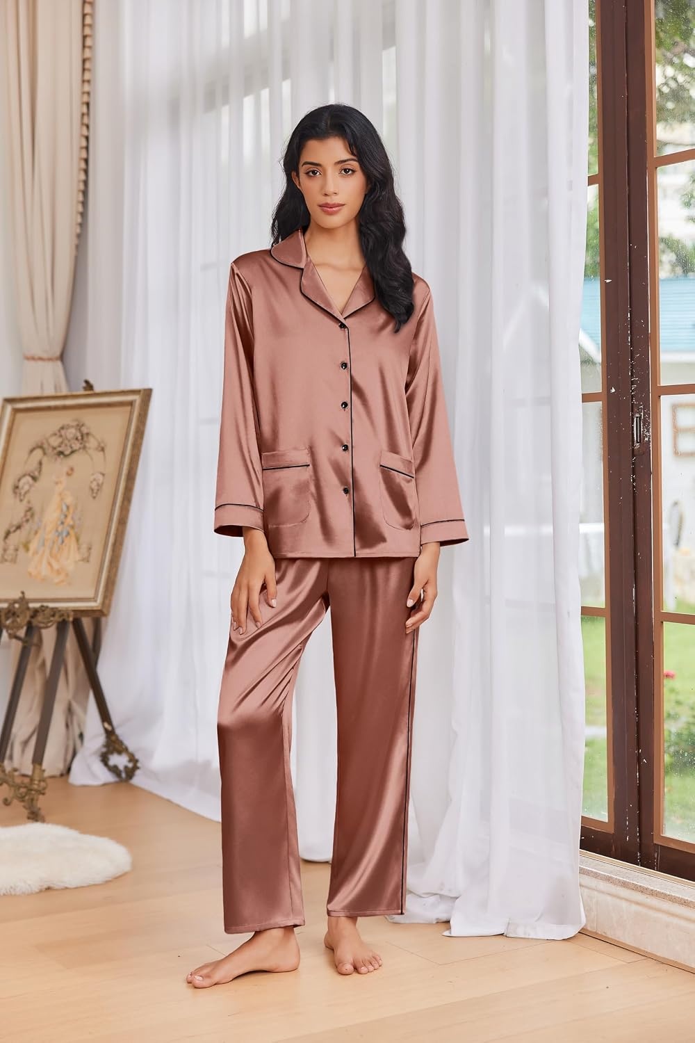 image:imageEkouaer Womens Pajama Sets Satin Silk Pjs Long Sleeve Button Down SleepwearBrown