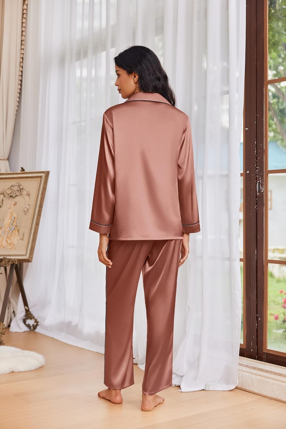 image:imageEkouaer Womens Pajama Sets Satin Silk Pjs Long Sleeve Button Down SleepwearBrown