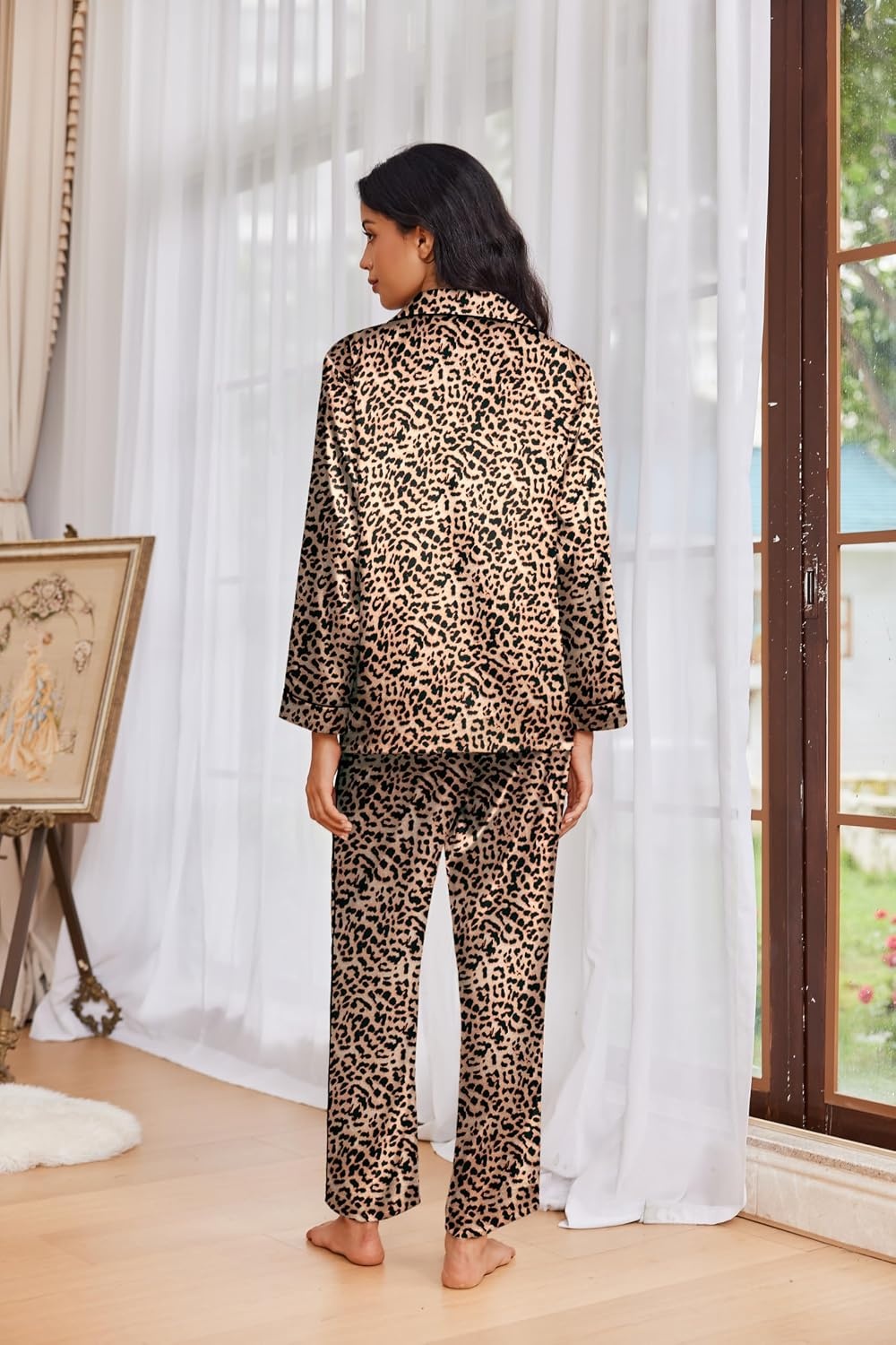 image:imageEkouaer Womens Pajama Sets Satin Silk Pjs Long Sleeve Button Down SleepwearBrown Leopard