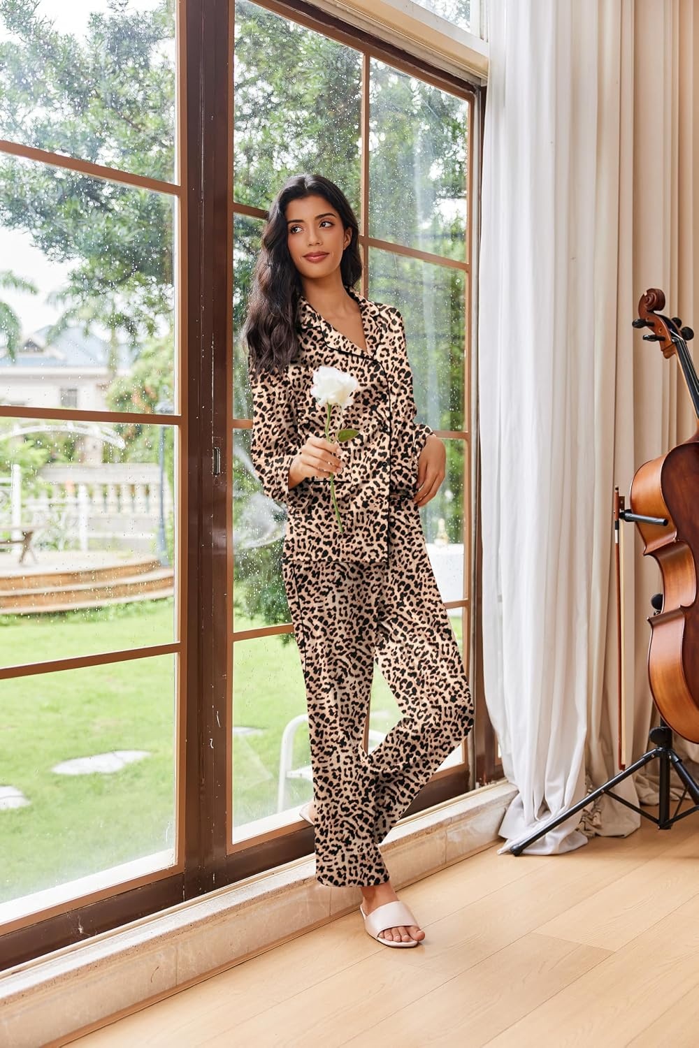 image:imageEkouaer Womens Pajama Sets Satin Silk Pjs Long Sleeve Button Down SleepwearBrown Leopard