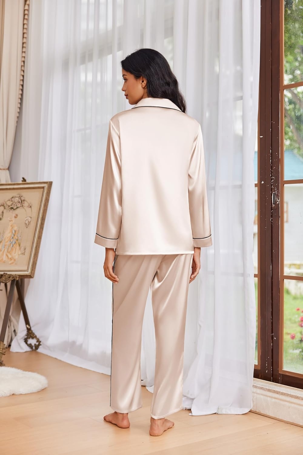 image:imageEkouaer Womens Pajama Sets Satin Silk Pjs Long Sleeve Button Down SleepwearChampagne