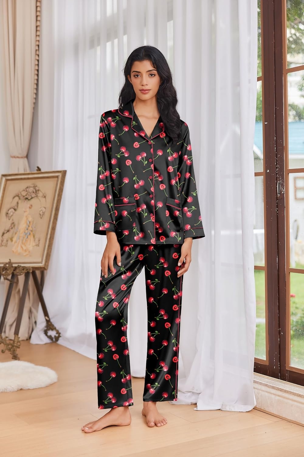 image:imageEkouaer Womens Pajama Sets Satin Silk Pjs Long Sleeve Button Down SleepwearCherry