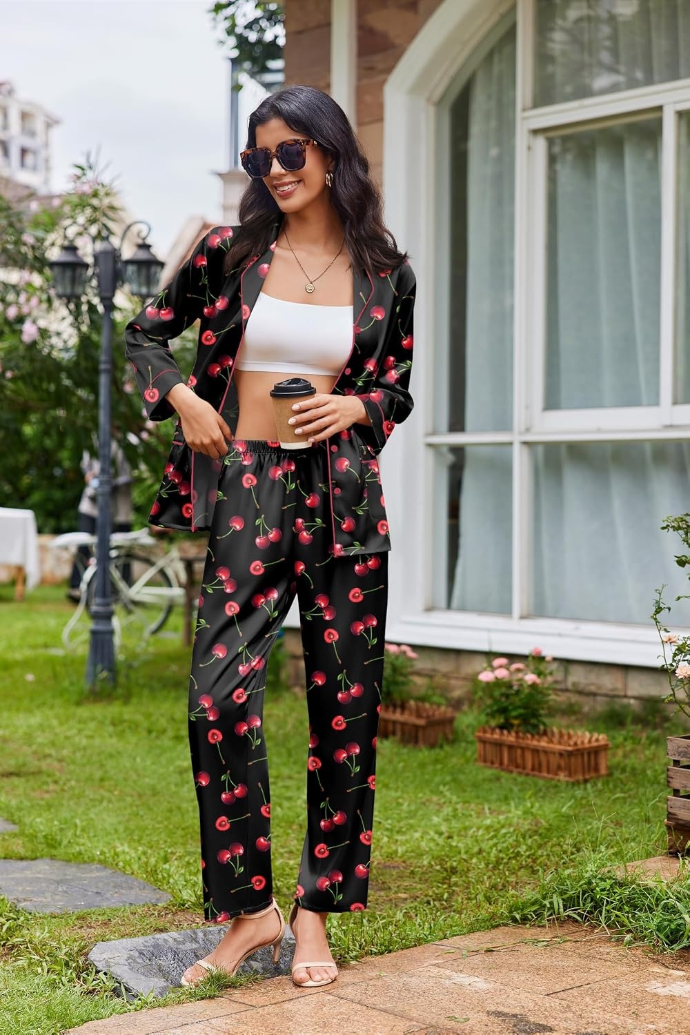 image:imageEkouaer Womens Pajama Sets Satin Silk Pjs Long Sleeve Button Down SleepwearCherry