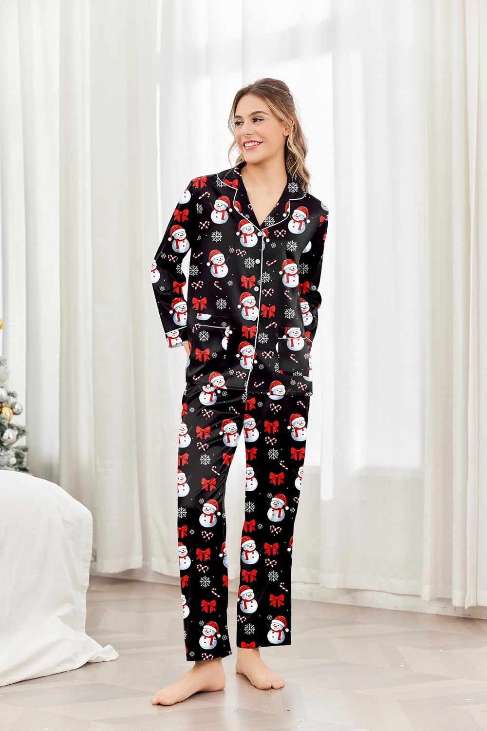image:imageEkouaer Womens Pajama Sets Satin Silk Pjs Long Sleeve Button Down SleepwearChristmas Black