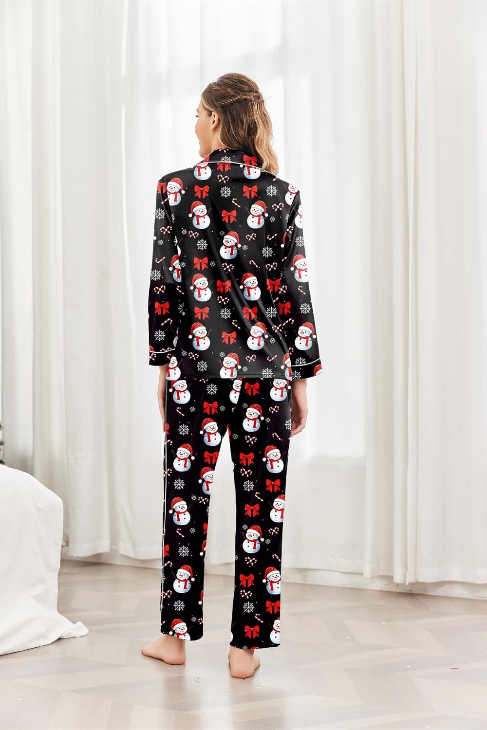 image:imageEkouaer Womens Pajama Sets Satin Silk Pjs Long Sleeve Button Down SleepwearChristmas Black