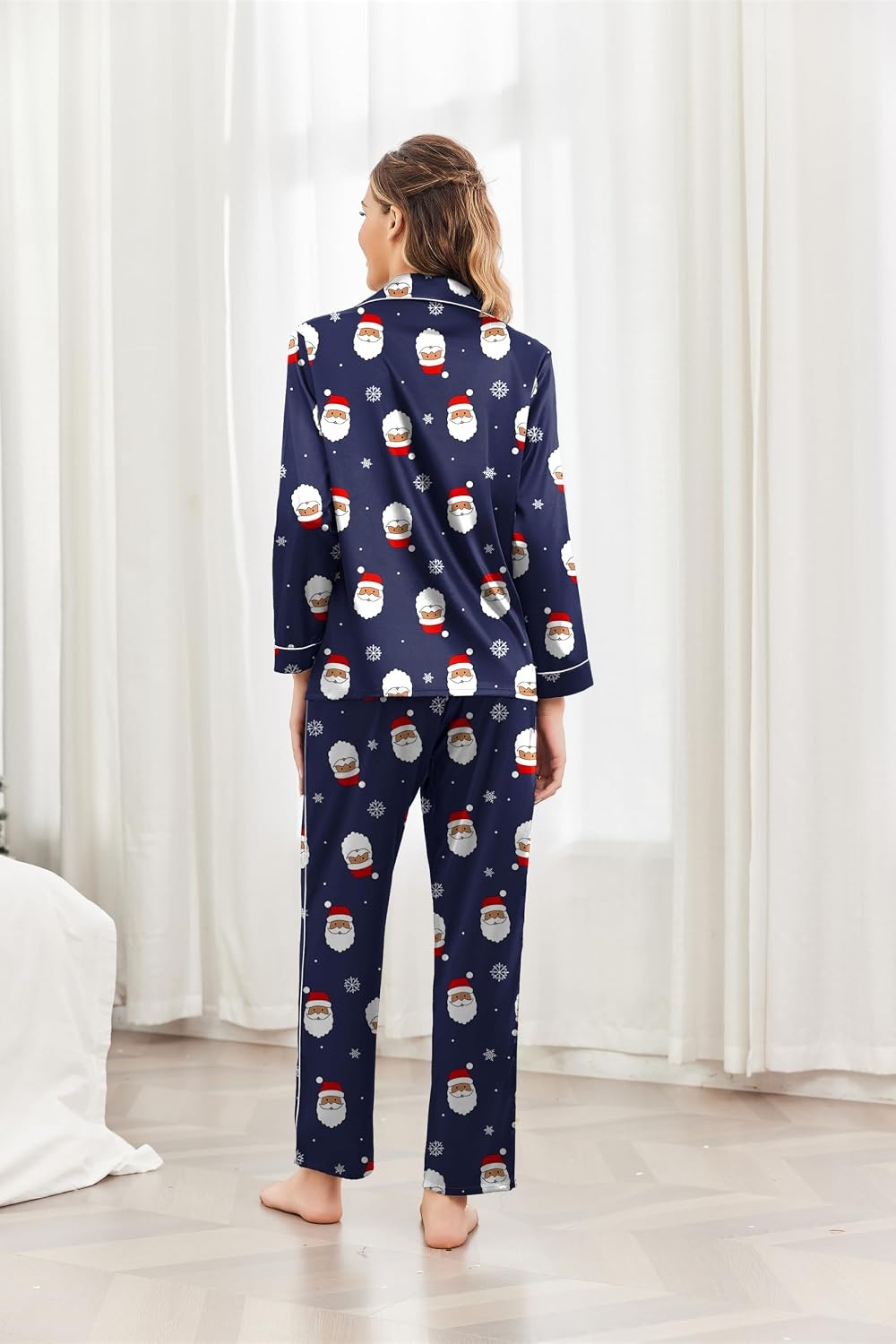 image:imageEkouaer Womens Pajama Sets Satin Silk Pjs Long Sleeve Button Down SleepwearChristmas Blue
