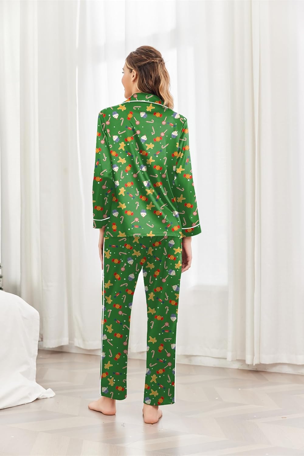 image:imageEkouaer Womens Pajama Sets Satin Silk Pjs Long Sleeve Button Down SleepwearChristmas Green