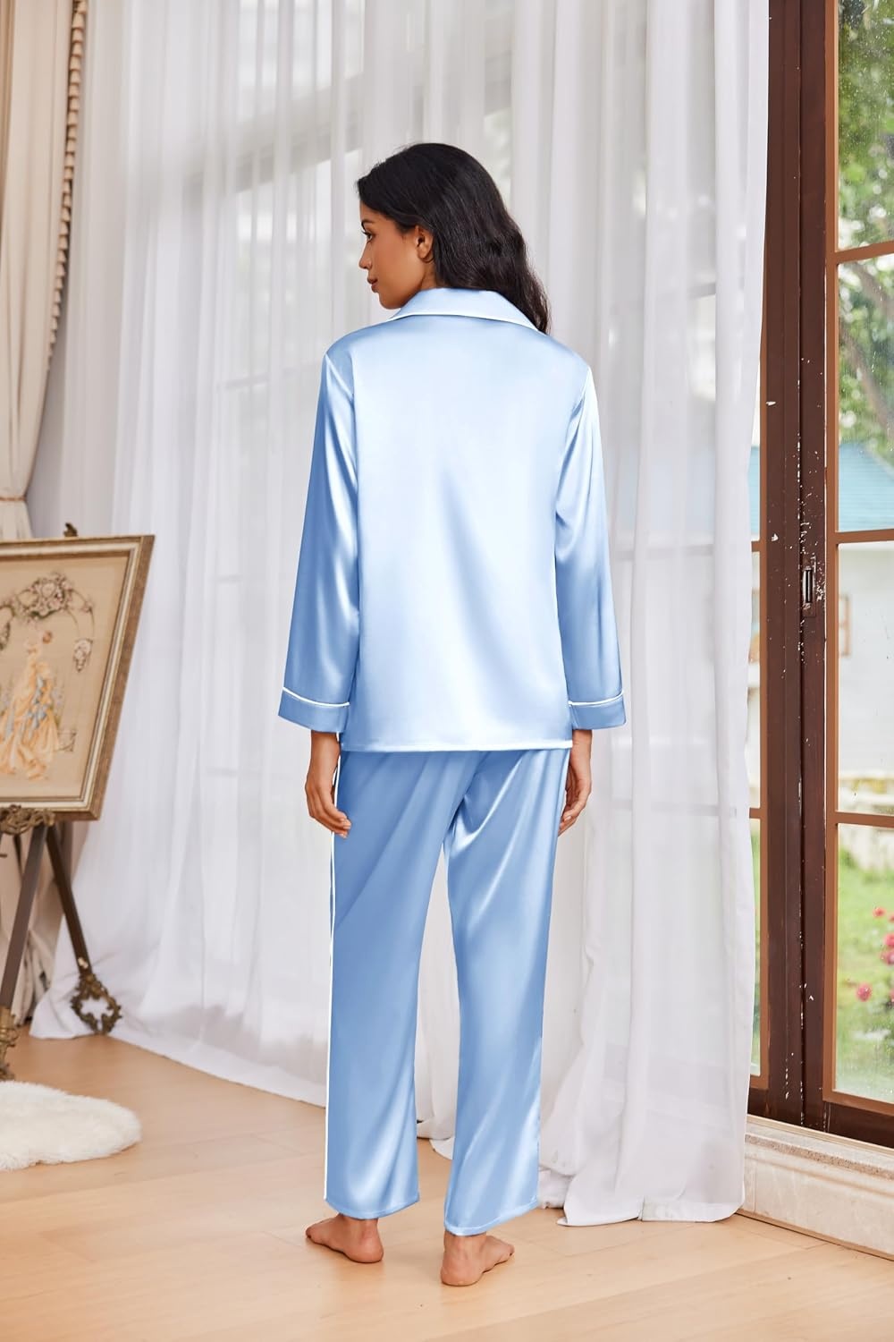 image:imageEkouaer Womens Pajama Sets Satin Silk Pjs Long Sleeve Button Down SleepwearClear Blue