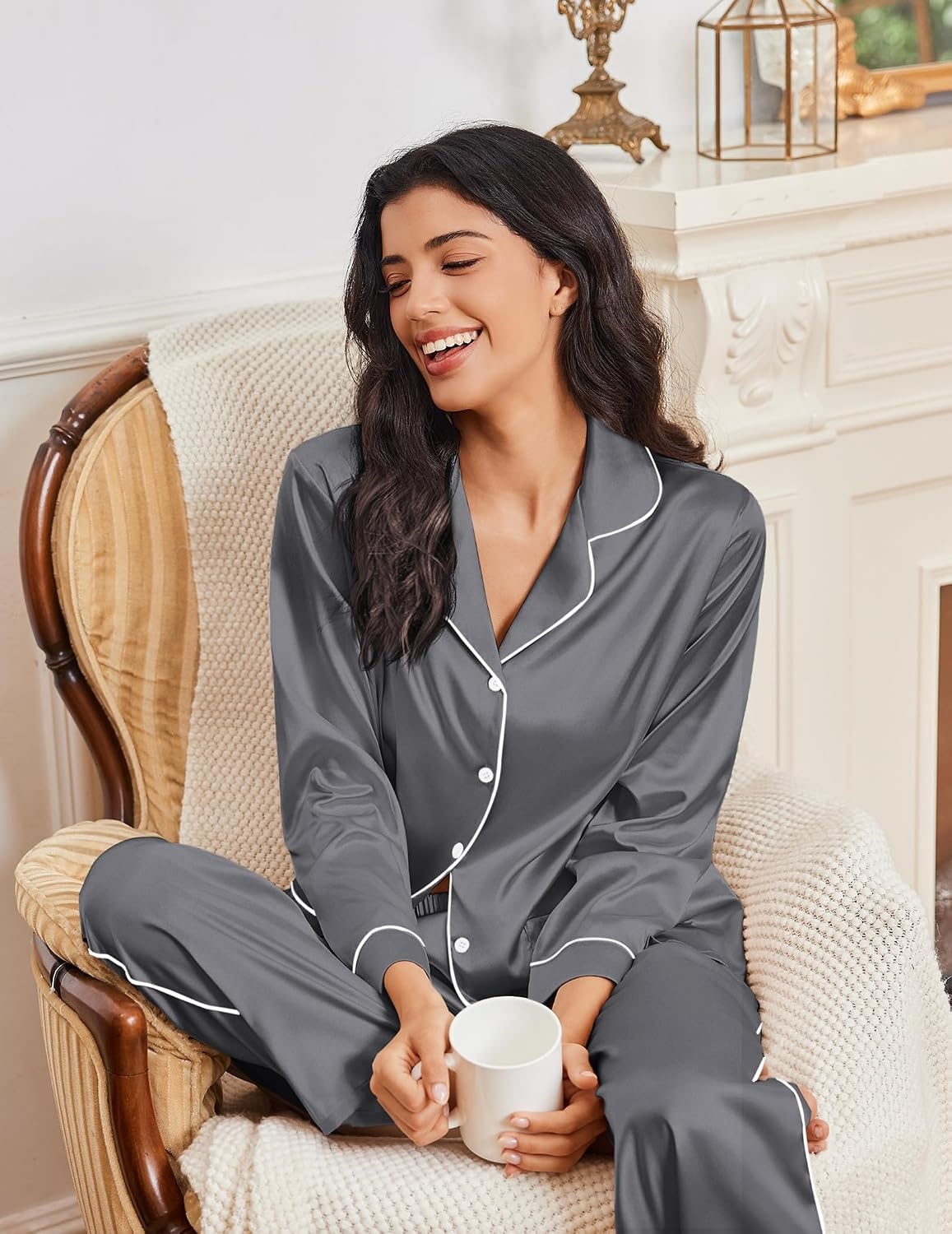 image:imageEkouaer Womens Pajama Sets Satin Silk Pjs Long Sleeve Button Down SleepwearDark Grey