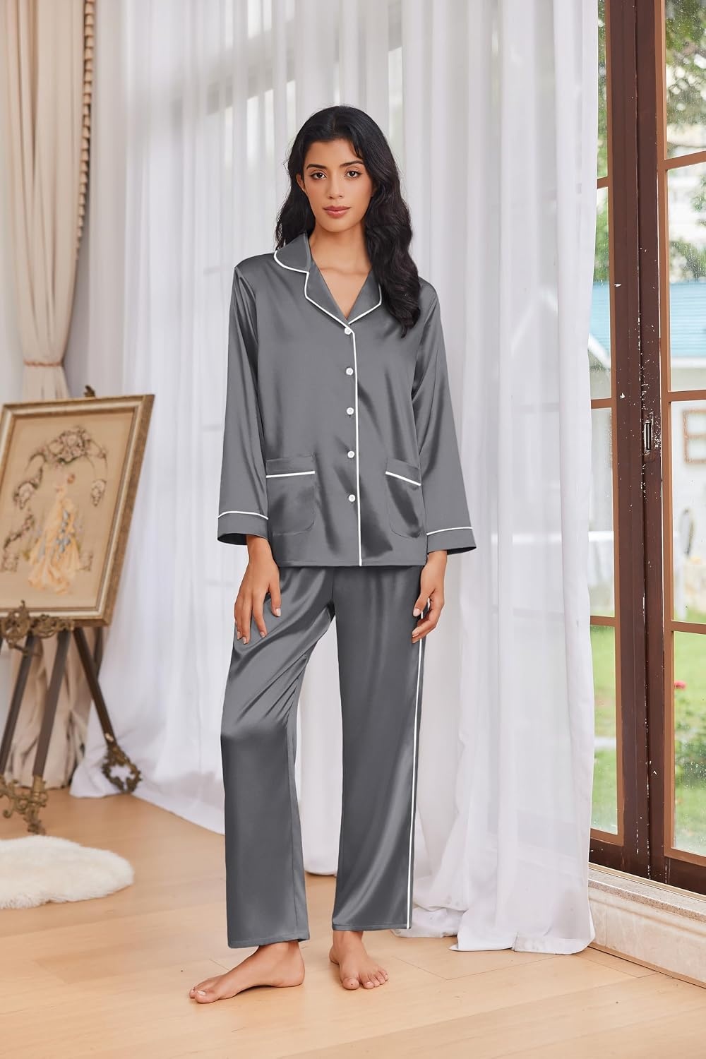 image:imageEkouaer Womens Pajama Sets Satin Silk Pjs Long Sleeve Button Down SleepwearDark Grey