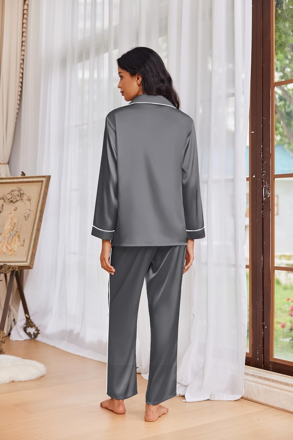 image:imageEkouaer Womens Pajama Sets Satin Silk Pjs Long Sleeve Button Down SleepwearDark Grey
