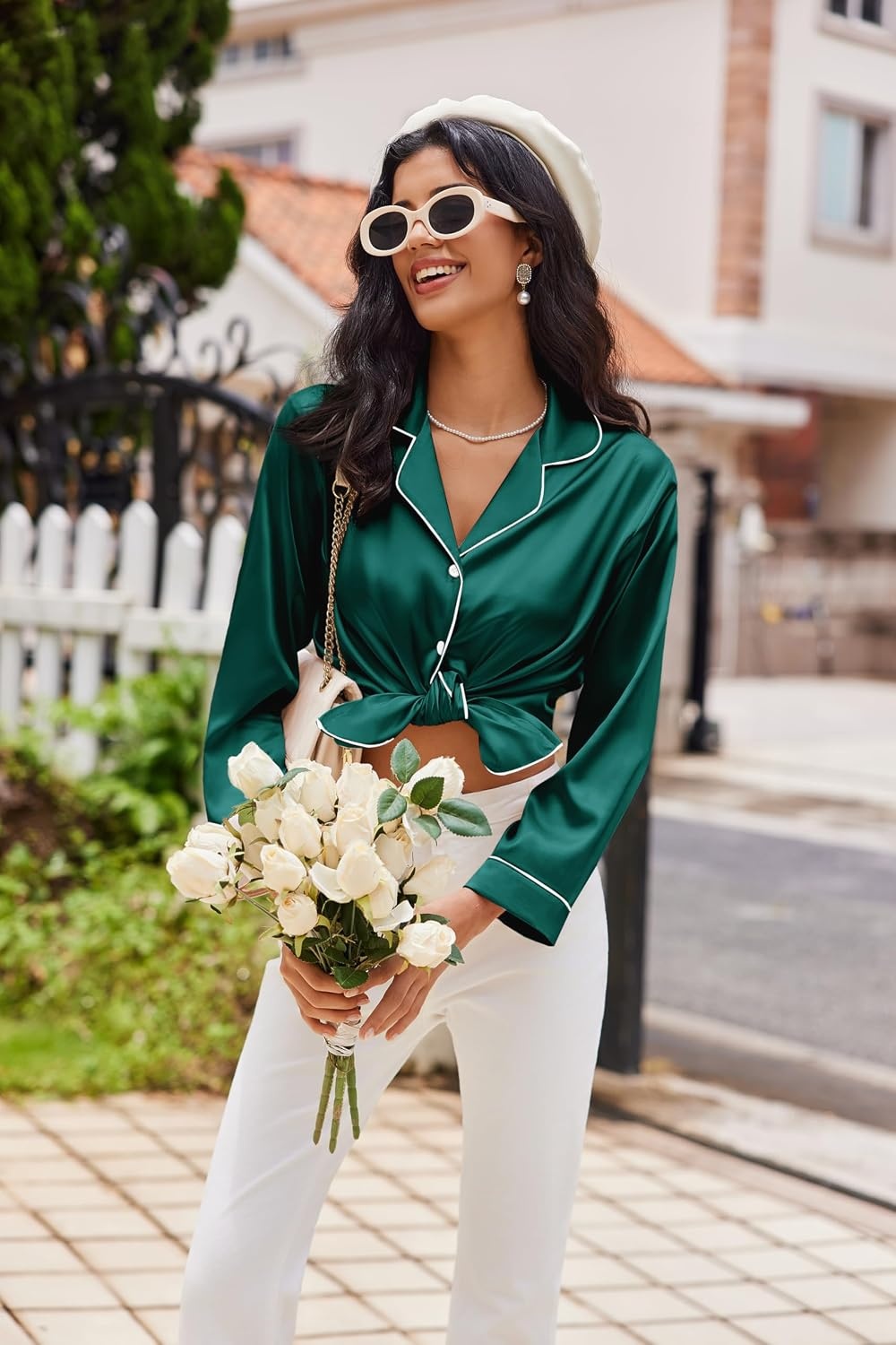 image:imageEkouaer Womens Pajama Sets Satin Silk Pjs Long Sleeve Button Down SleepwearDeep Green
