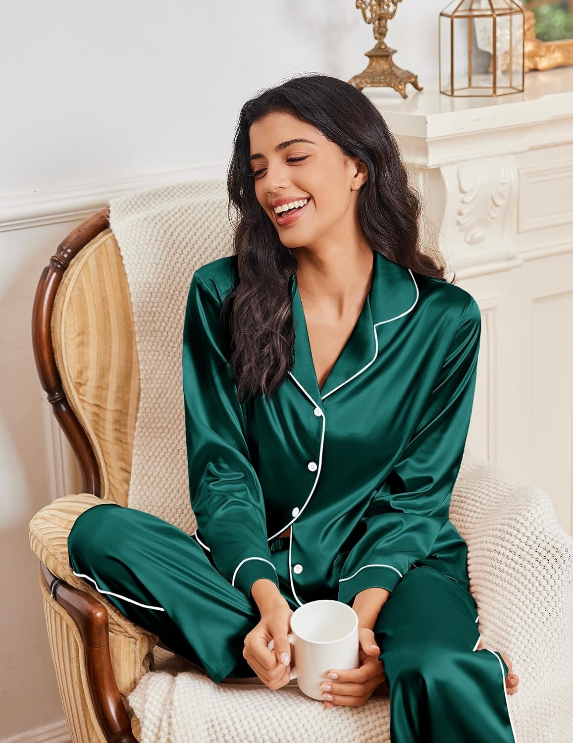 image:imageEkouaer Womens Pajama Sets Satin Silk Pjs Long Sleeve Button Down SleepwearDeep Green