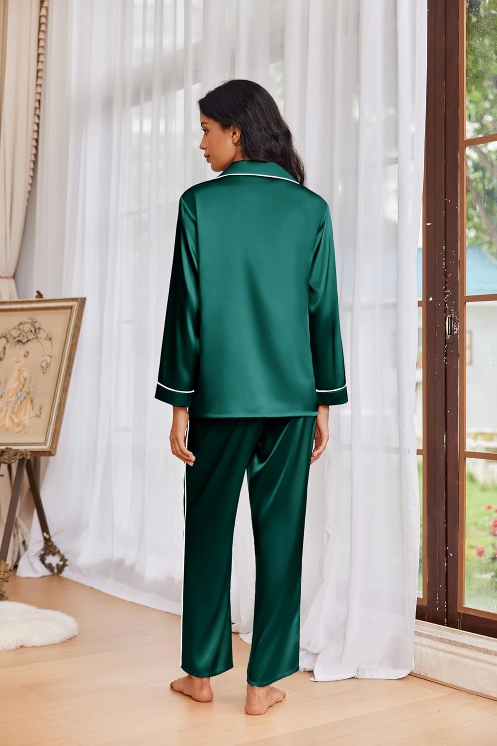 image:imageEkouaer Womens Pajama Sets Satin Silk Pjs Long Sleeve Button Down SleepwearDeep Green