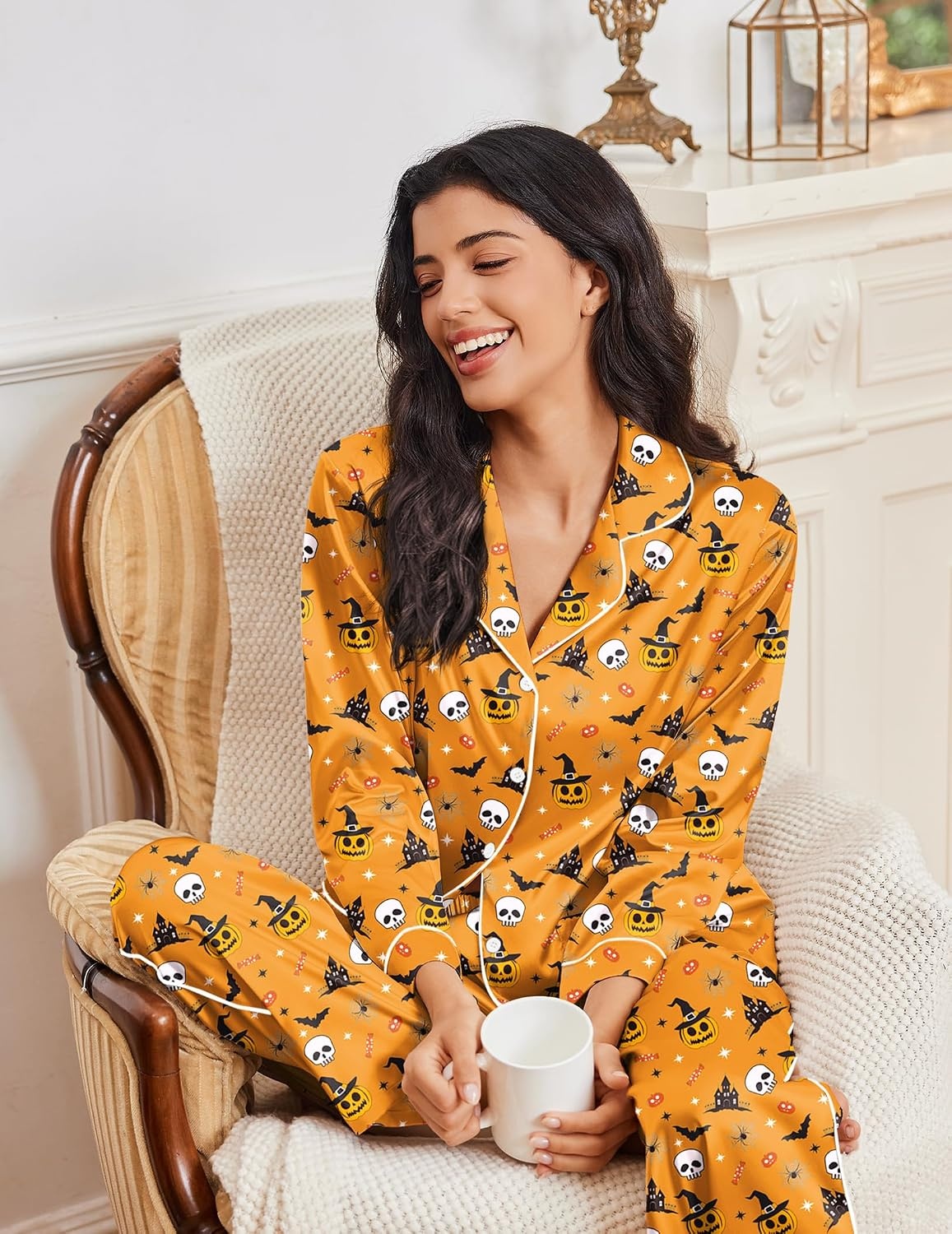 image:imageEkouaer Womens Pajama Sets Satin Silk Pjs Long Sleeve Button Down SleepwearHalloween