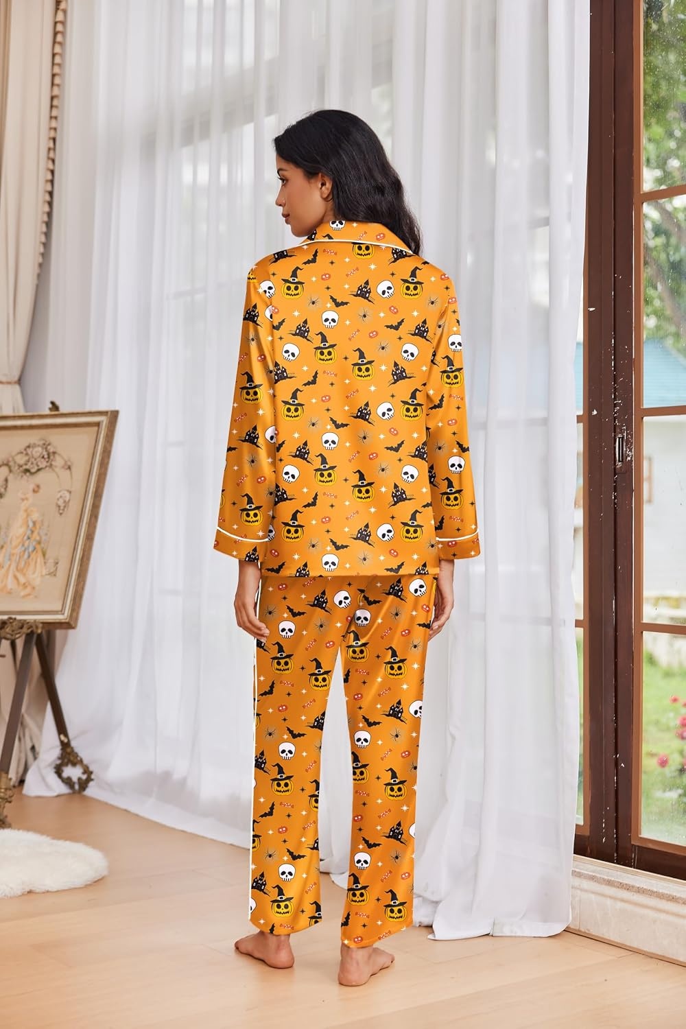 image:imageEkouaer Womens Pajama Sets Satin Silk Pjs Long Sleeve Button Down SleepwearHalloween