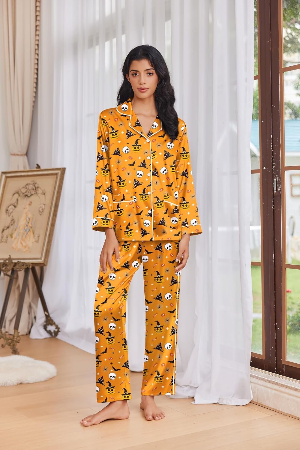 image:imageEkouaer Womens Pajama Sets Satin Silk Pjs Long Sleeve Button Down SleepwearHalloween