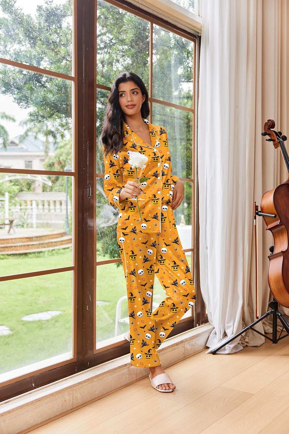 image:imageEkouaer Womens Pajama Sets Satin Silk Pjs Long Sleeve Button Down SleepwearHalloween