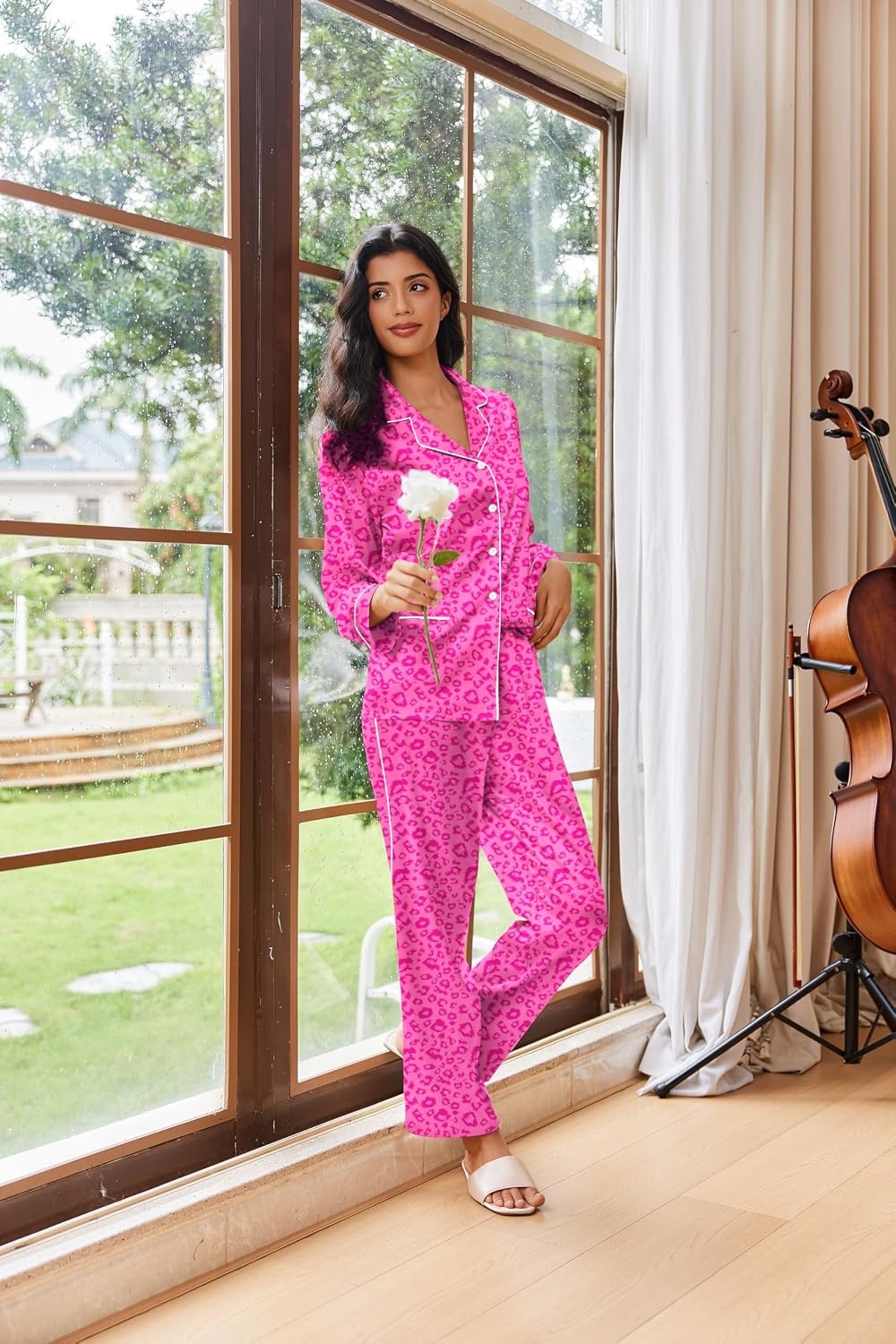 image:imageEkouaer Womens Pajama Sets Satin Silk Pjs Long Sleeve Button Down SleepwearHot Pink Leopard