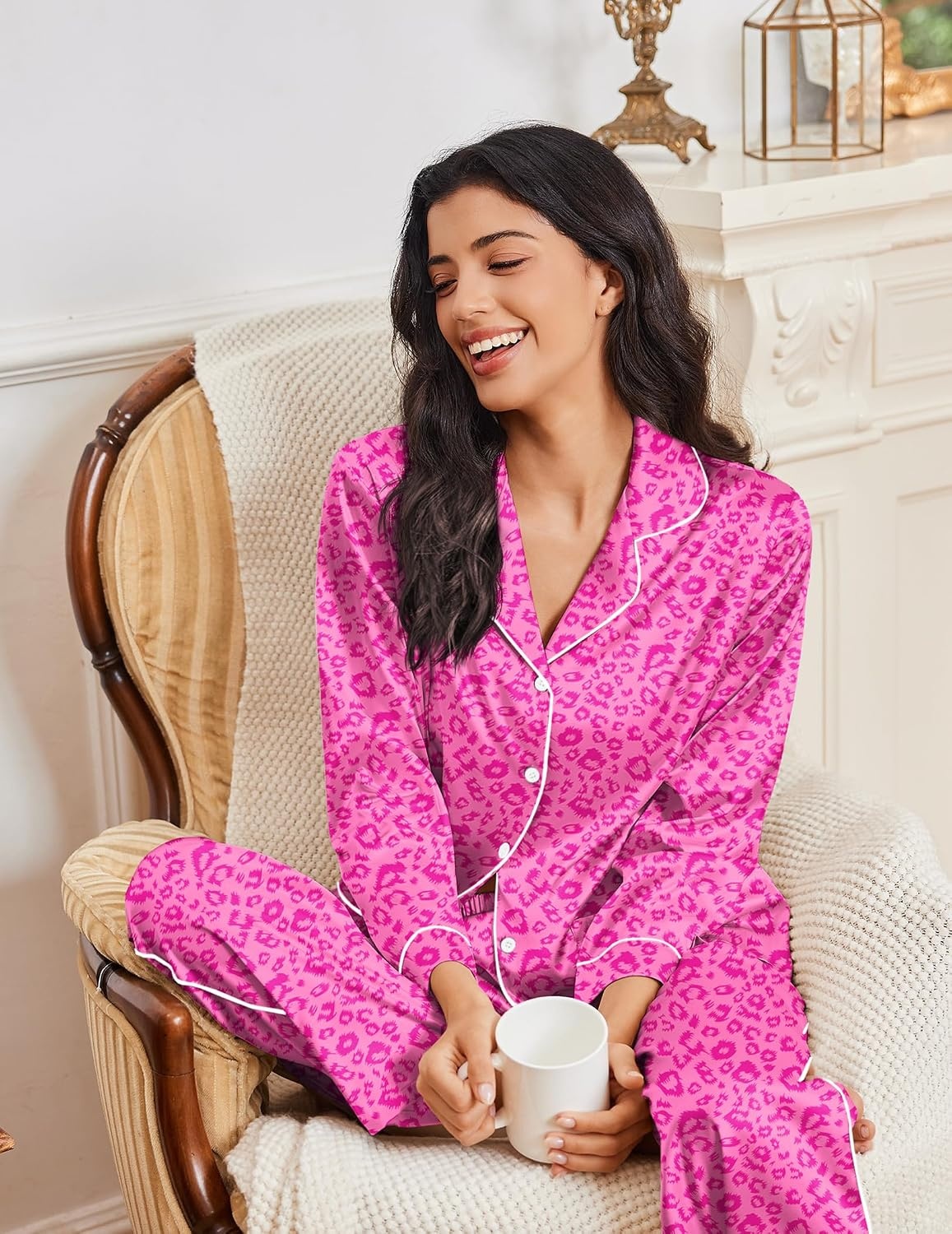 image:imageEkouaer Womens Pajama Sets Satin Silk Pjs Long Sleeve Button Down SleepwearHot Pink Leopard