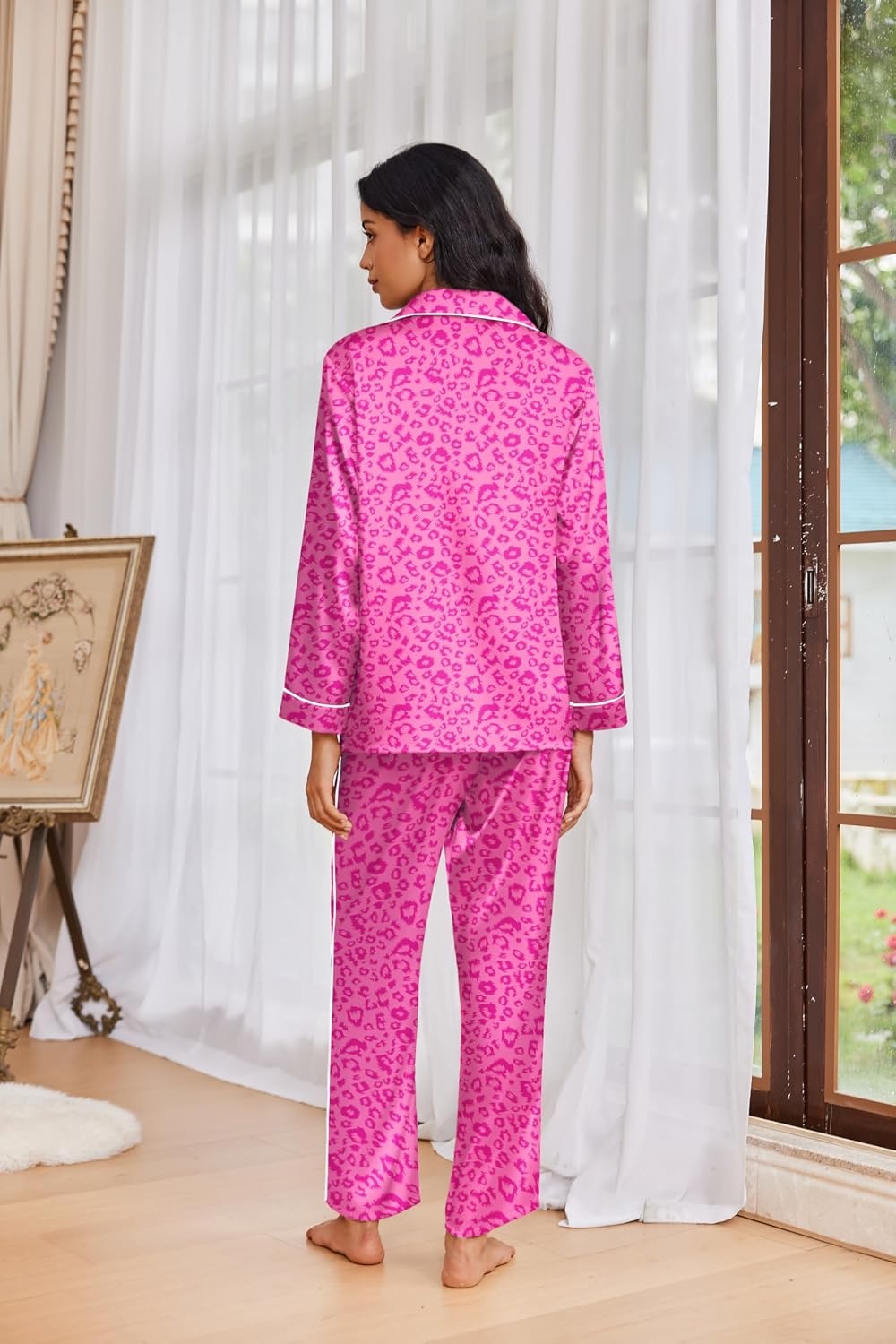 image:imageEkouaer Womens Pajama Sets Satin Silk Pjs Long Sleeve Button Down SleepwearHot Pink Leopard
