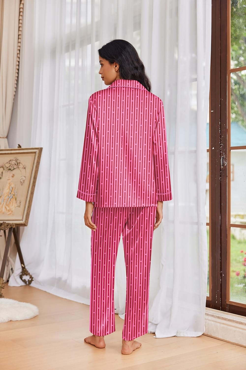 image:imageEkouaer Womens Pajama Sets Satin Silk Pjs Long Sleeve Button Down SleepwearLove Striped Hot Pink