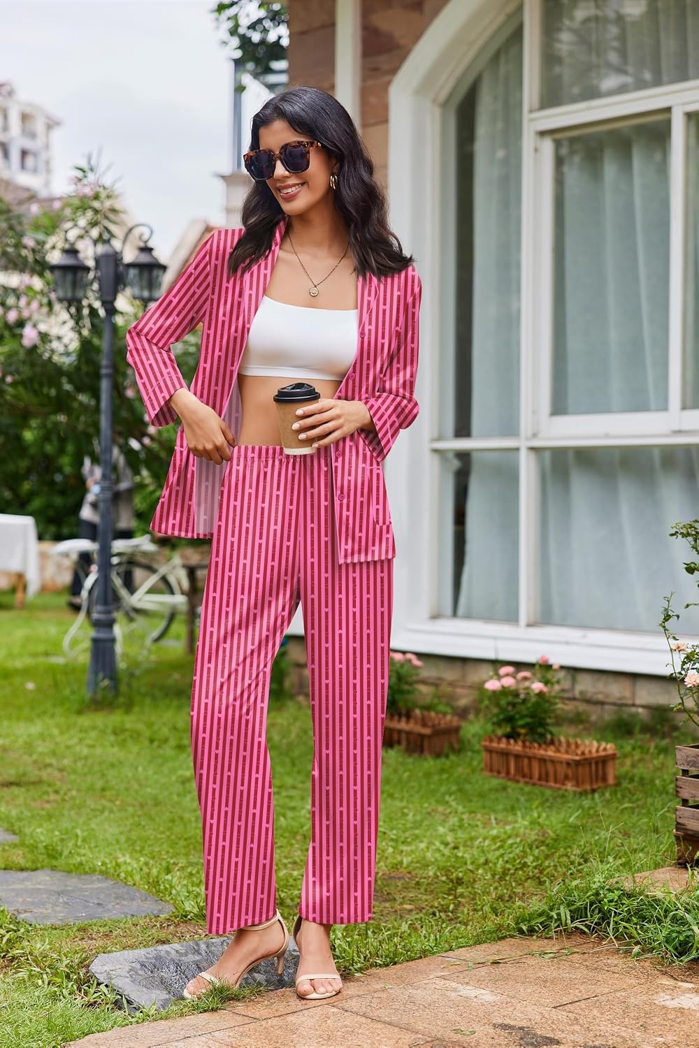 image:imageEkouaer Womens Pajama Sets Satin Silk Pjs Long Sleeve Button Down SleepwearLove Striped Hot Pink