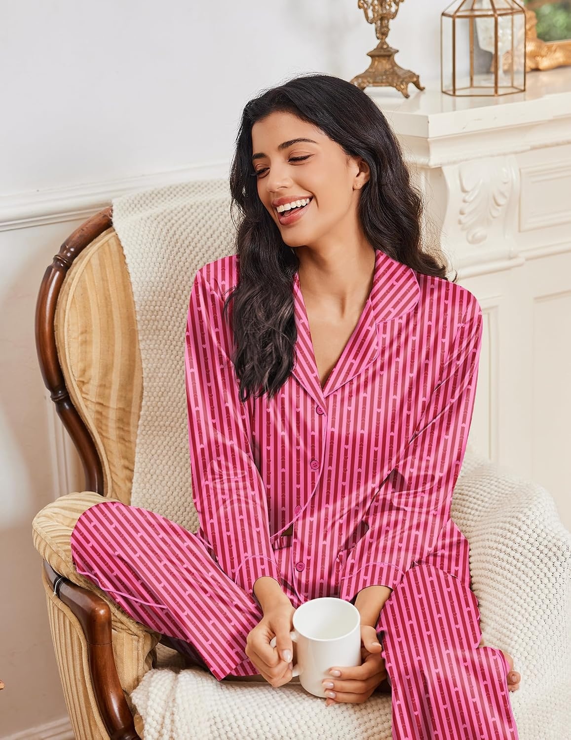image:imageEkouaer Womens Pajama Sets Satin Silk Pjs Long Sleeve Button Down SleepwearLove Striped Hot Pink