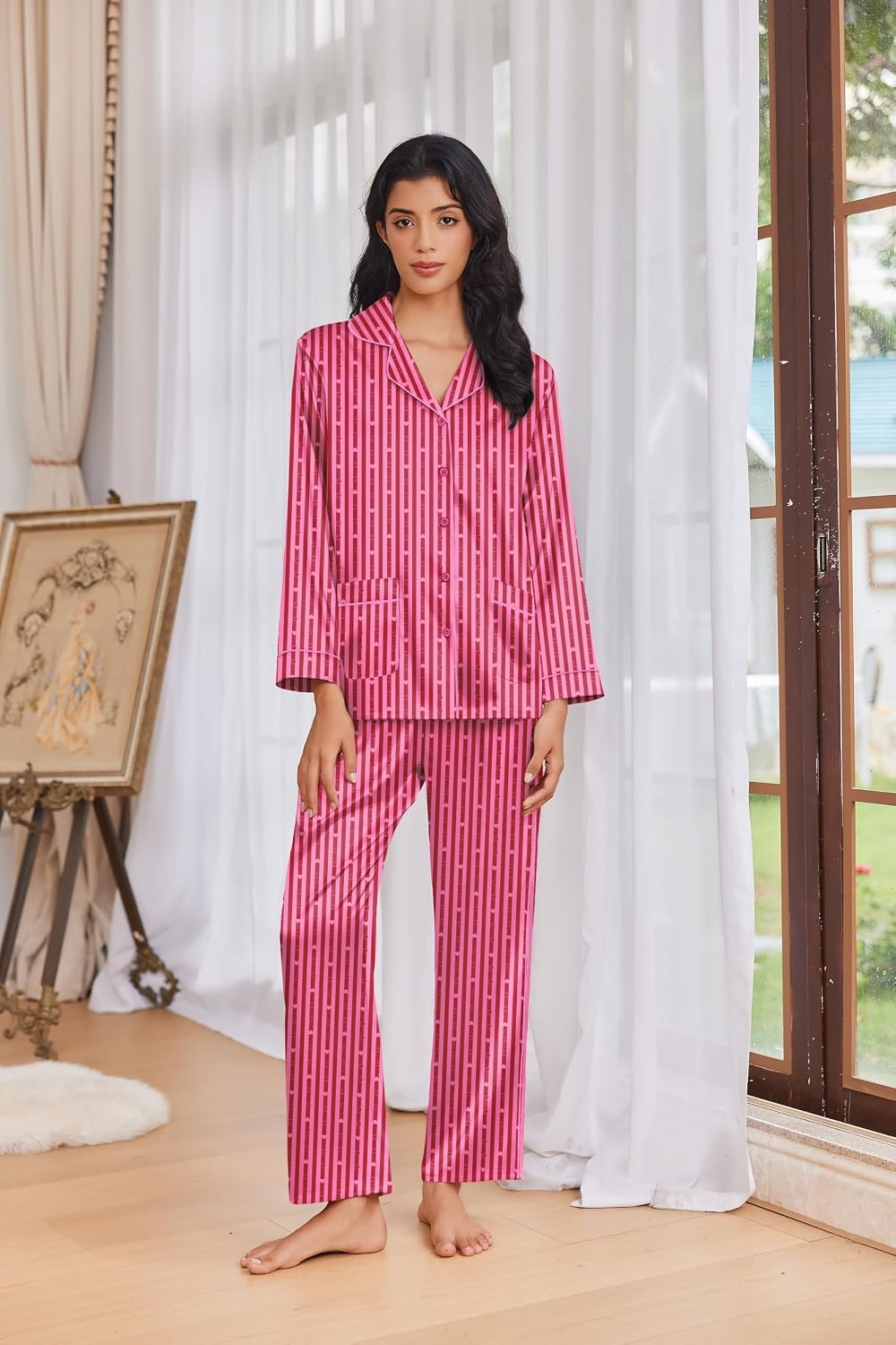 image:imageEkouaer Womens Pajama Sets Satin Silk Pjs Long Sleeve Button Down SleepwearLove Striped Hot Pink